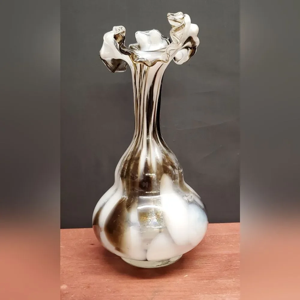 Opaline White Swirl Glass Bud Vase Ruffled Rim Empoli